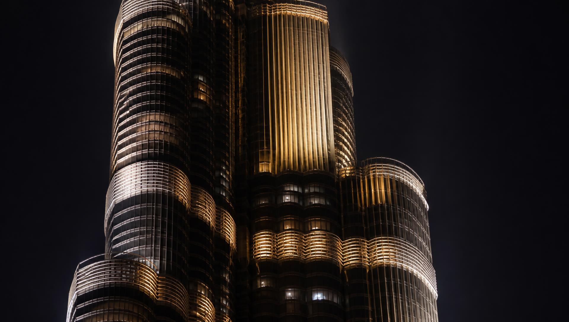 Iconic skyscraper façade illuminated at night by architectural lighting