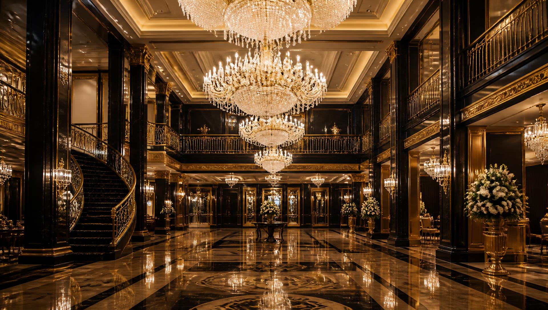 Grand ballroom with cascading crystal chandeliers